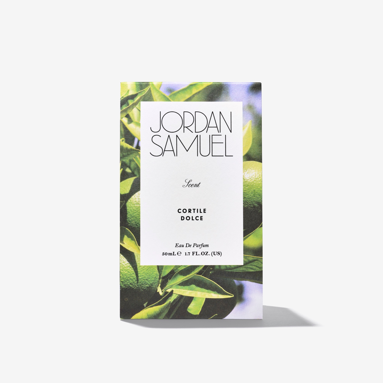 Jordan Samuel Cortile Dolce perfume box packaging with green lime and lime leaf design on a white background
