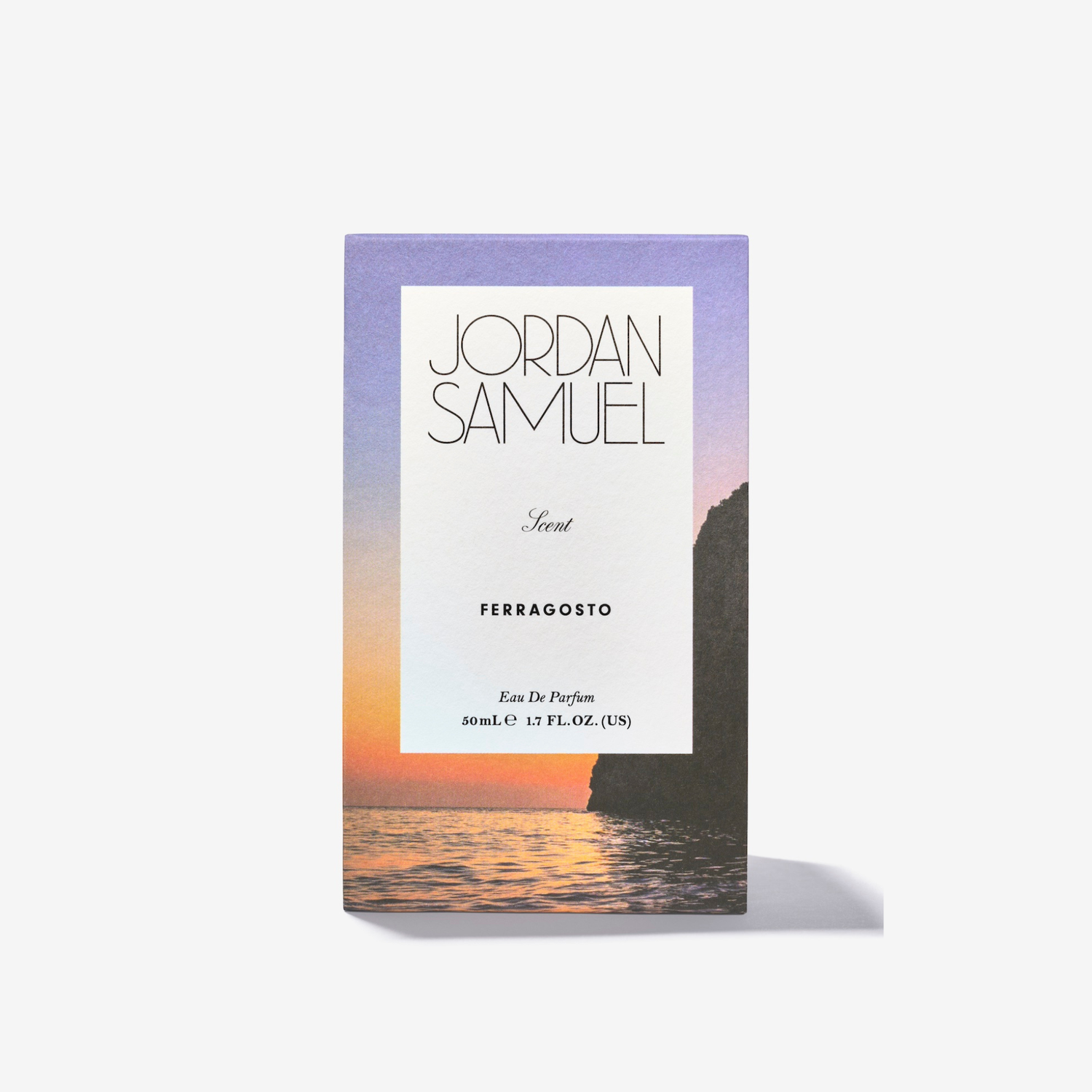 Jordan Samuel Ferragosto perfume box packaging with label and Caprese sunset design on white background