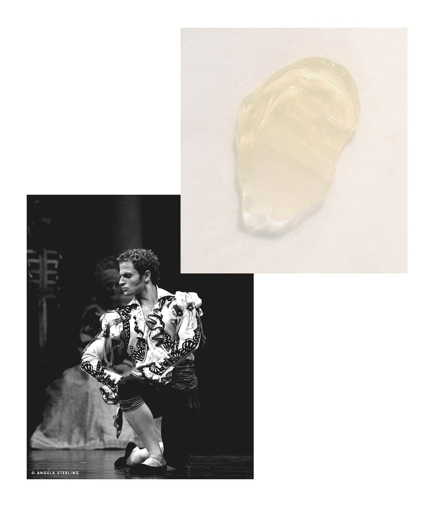 Collage of a texture detail image of The After Show Cleanser and an image of Jordan performing the Spanish Divertissement from Pacific Northwest Ballet's Swan Lake. 